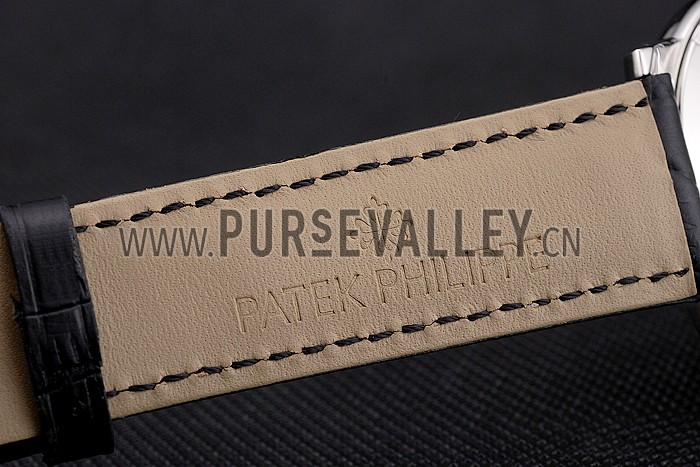 Swiss Patek Philippe Complications Openworked Dial Stainless Steel Case Diamond Bezel Black Leather Strap