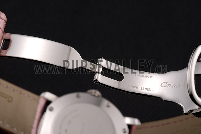 Cartier Ronde White Dial Diamond Bezel Stainless Steel Case Pink Leather Strap