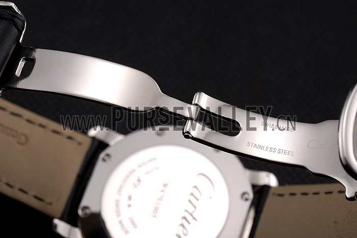 Cartier Ronde Black Dial Diamond Bezel Stainless Steel Case Black Leather Strap