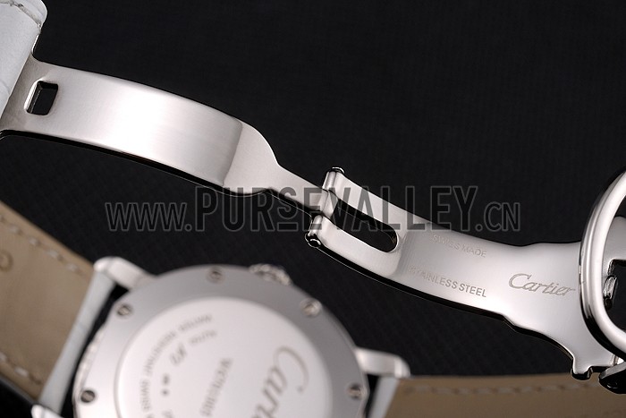 Cartier Ronde White Dial Stainless Steel Case White Leather Strap