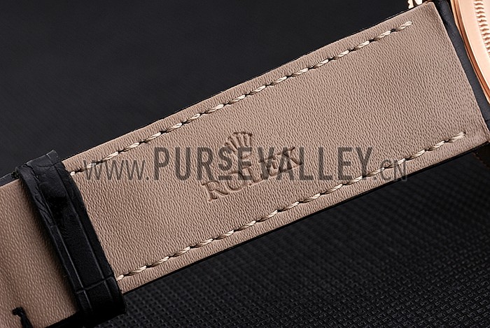 Swiss Rolex Cellini Time Rose Gold Case Black Dial Black Leather Bracelet 622656