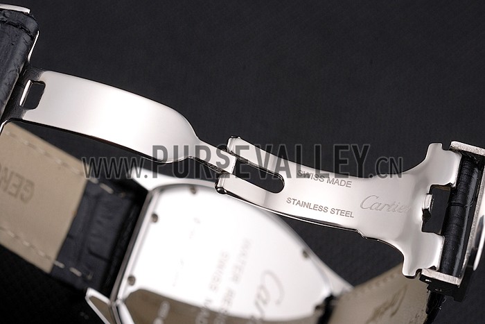 Cartier Tortue Large Date Black Dial Stainless Steel Case Black Leather Strap