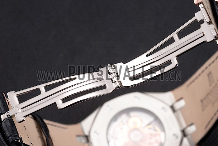 Swiss Audemars Piguet Royal Oak Black Dial Steel Case With Diamonds Black Leather Strap