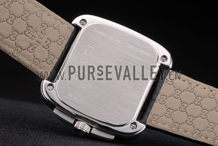 Gucci Black Leather Strap Polished Stainless Steel Bezel Black Dial 80216
