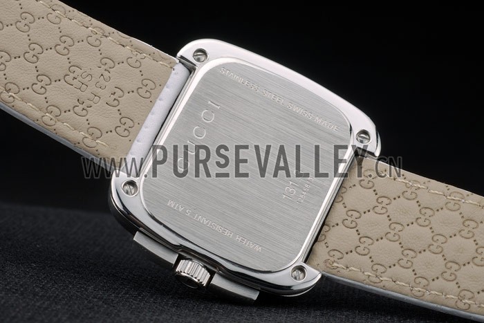 Gucci White Leather Strap Polished Stainless Steel Bezel White Dial 80218