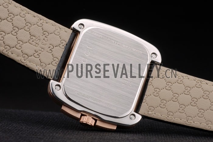 Gucci Black Leather Strap Rose Gold Bezel Black Dial 80222
