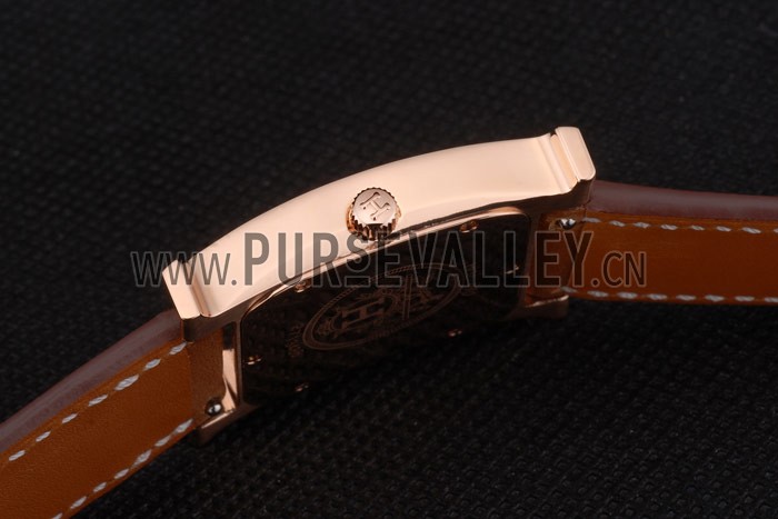 Hermes Heure H Rose Gold Diamond Encrusted Bezel Tan Leather Strap White Dial 80236