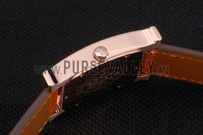Hermes Heure H Rose Gold Diamond Encrusted Bezel Orange Leather Strap White Dial 80237