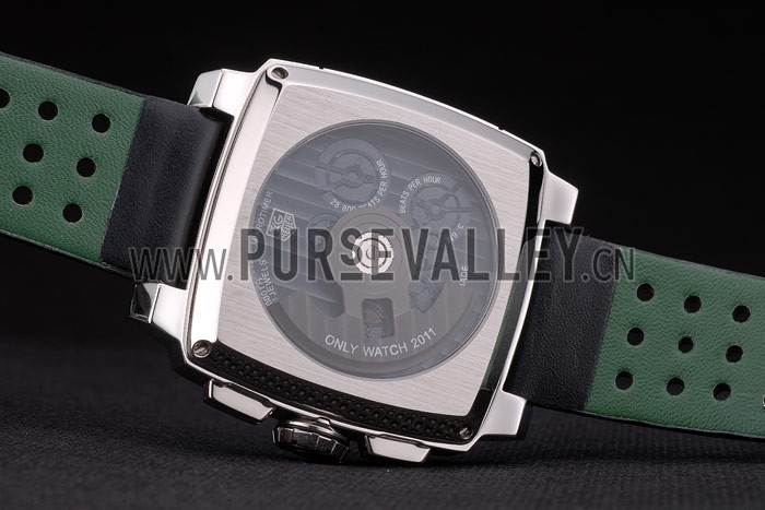 Tag Heuer Monaco Black-Green Perforated Leather Strap Black Dial 80308