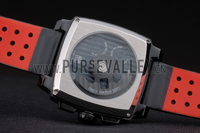 Tag Heuer Monaco Black-Red Perforated Leather Strap Black Dial 80309