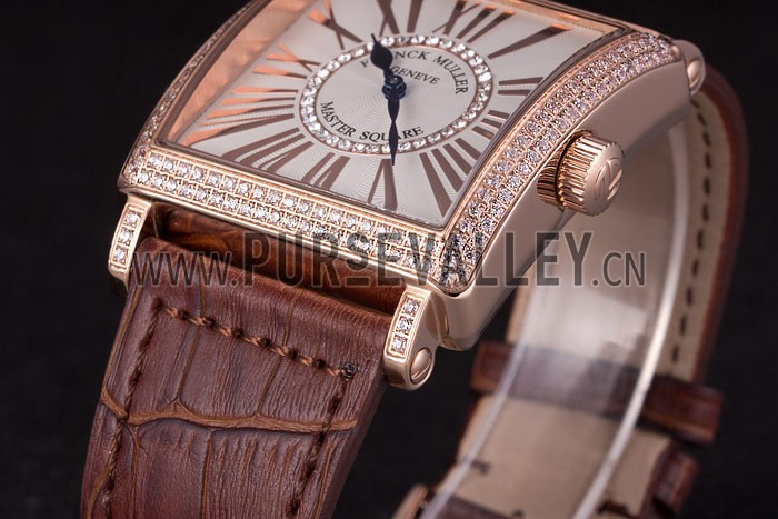 Franck Muller Master Square Diamond Encrusted Rose Gold Bezel Brown Croco Bracelet 80283
