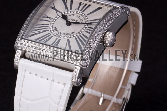 Franck Muller Master Square Diamond Encrusted Stainless Steel Bezel White Croco Bracelet 80284