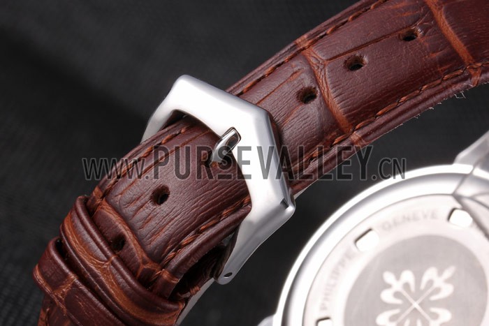 Patek Philipe Calatrava Stainless Steel Ribbed Bezel Brown Leather Bracelet 801429