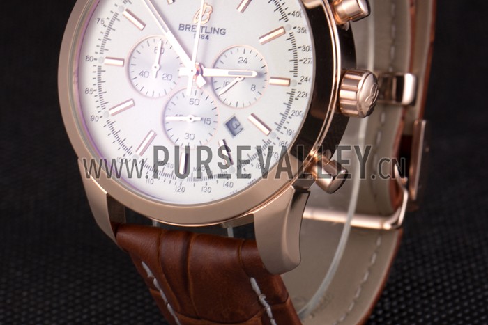 Breitling Transocean White Dial Brown Leather Strap Rose Gold Bezel