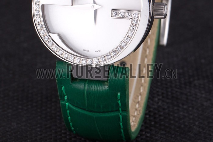 Gucci Interlocking Silver Bezel with Diamonds and Green Leather Band 621515