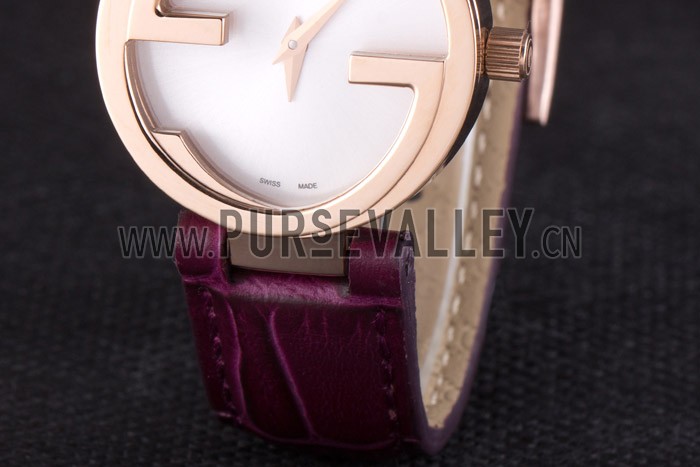 Gucci Interlocking Rose Gold Bezel with Purple Leather Band 621517