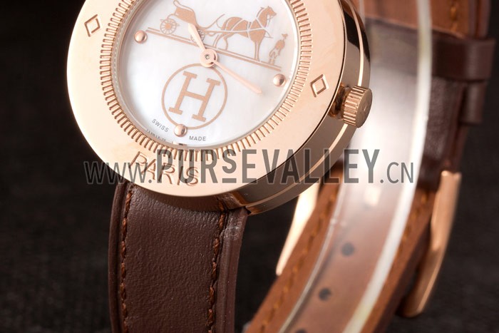 Hermes Classic MOP Dial Brown Leather Bracelet 801389