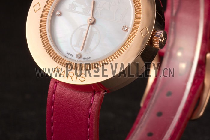 Hermes Classic MOP Dial Magenta Leather Bracelet 801388