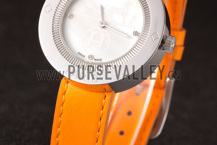 Hermes Classic MOP Dial Orange Leather Bracelet 801390
