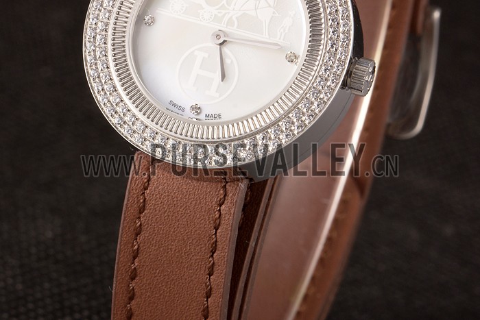 Hermes Classic MOP Dial Brown Elongated Leather Bracelet 801393