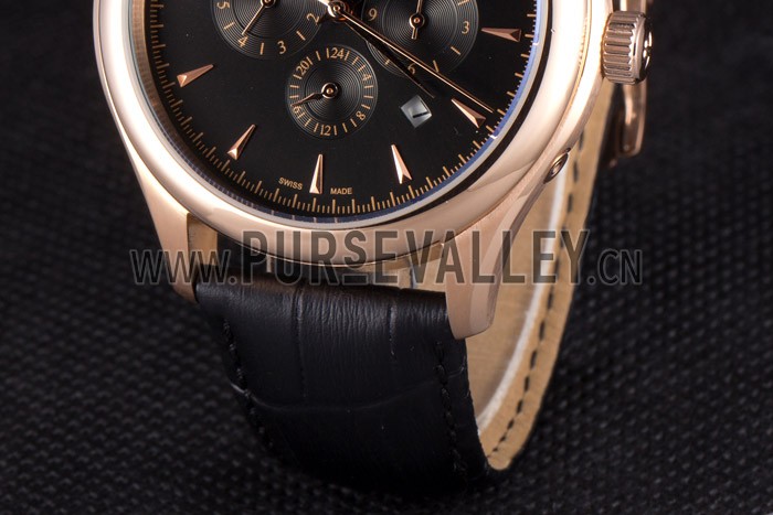 Jaeger Lecoultre Master Chronograph Gold Bezel Black Leather Band 621619