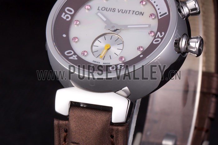 Louis Vuitton Tambour Brown Leather Bracelet White Dial 801420
