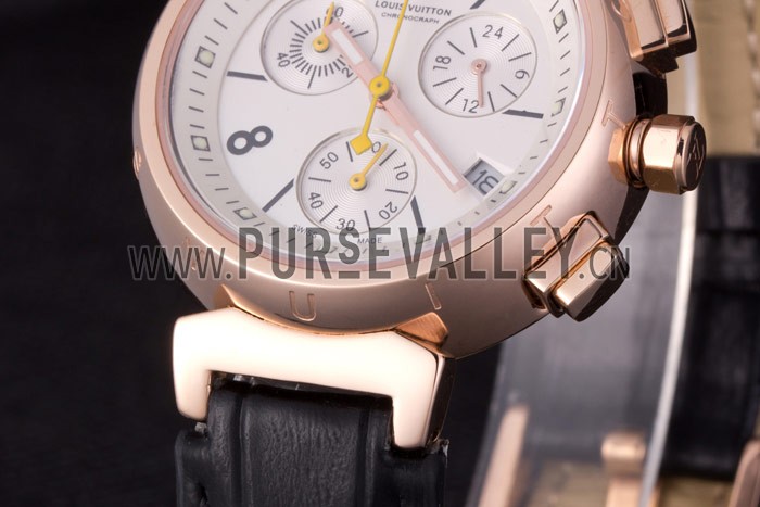 Louis Vuitton Tambour Black Leather Bracelet White Dial 801418