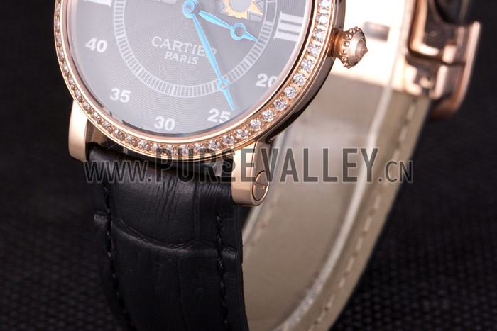 Cartier Moonphase Rose Gold Watch with Black Leather Band ct251 621370