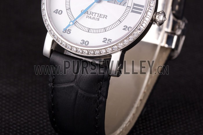Cartier Moonphase Silver Watch with Black Leather Band ct255 621374
