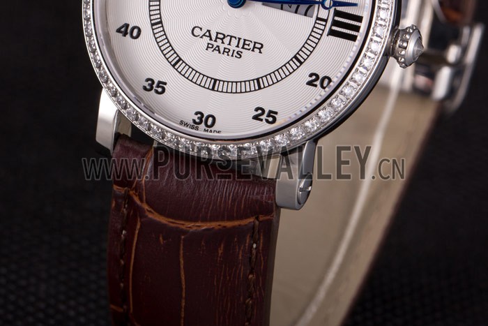 Cartier Moonphase Silver Watch with Brown Leather Band ct256 621375