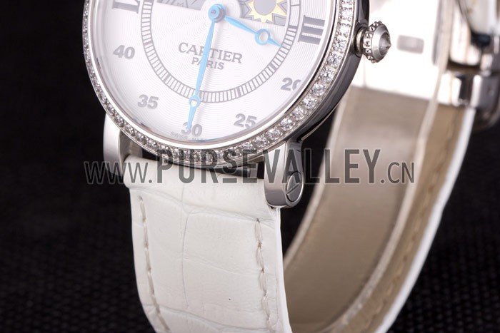 Cartier Moonphase Silver Watch with White Leather Band ct257 621376