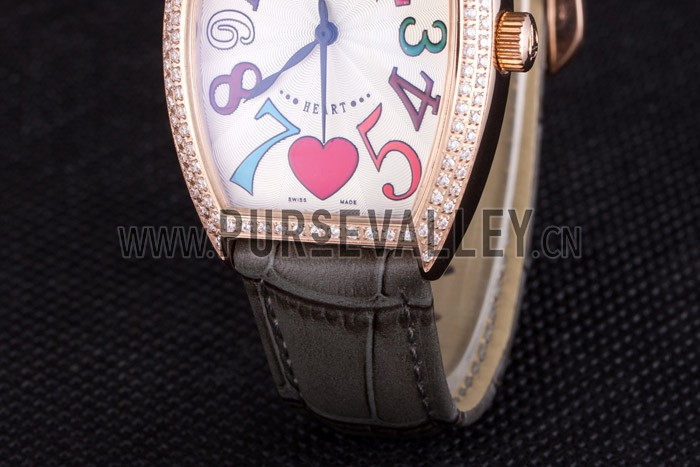 Franck Muller Heart Diamond Gold Bezel Grey Leather Band 621591