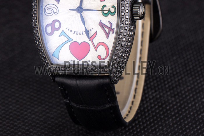 Franck Muller Heart Diamond Silver Bezel Black Leather Band 621595