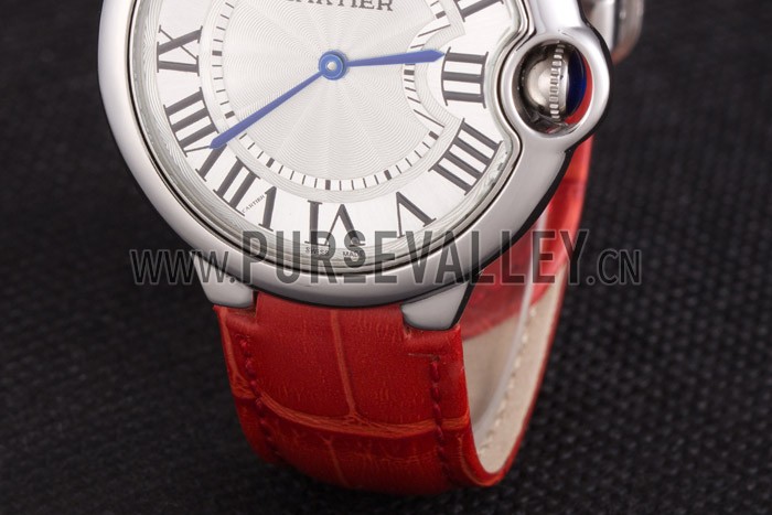 Cartier Ballon Bleu Silver Bezel with White Dial Red Leather Band 621551