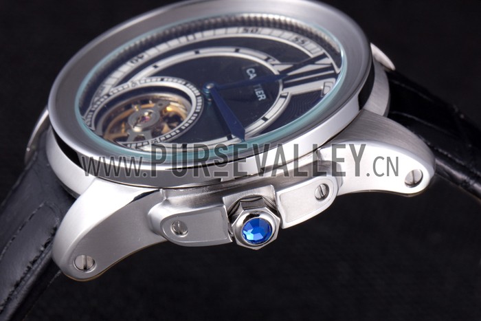 Cartier Calibre Flying Tourbillon Black Dial Stainless Steel Case Black Leather Bracelet