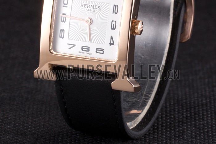 Hermes Heure H Rose Gold Bezel Black Leather Strap White Dial 80235