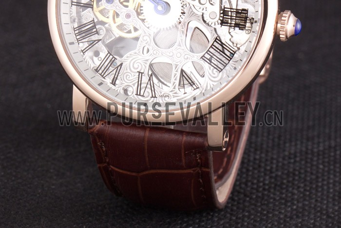 Cartier Luxury Skeleton Watch with Rose Gold Bezel and Brown Leather Band 621557