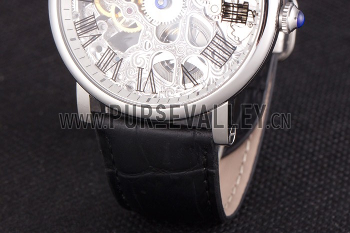 Cartier Luxury Skeleton Watch with Silver Bezel and Black Leather Band 621559
