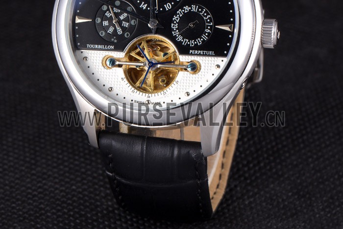 Jaeger Lecoultre Tourbillon Perpetuel Silver Bezel Black Leather Band 621614
