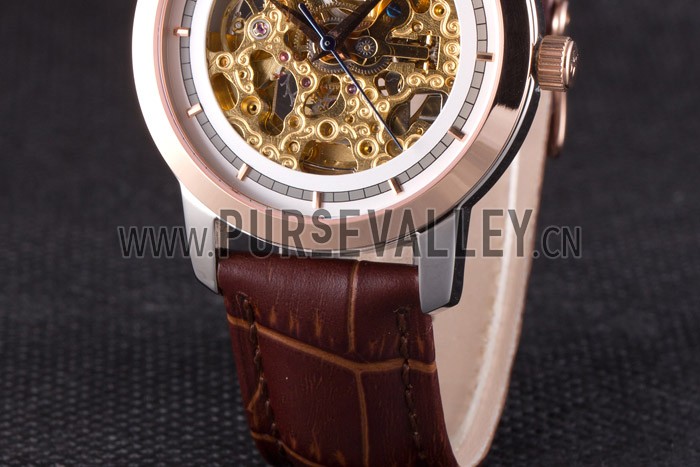 Vacheron Constantin White Skeleton Watch with Rose Gold Bezel and Brown Leather Strap 621539