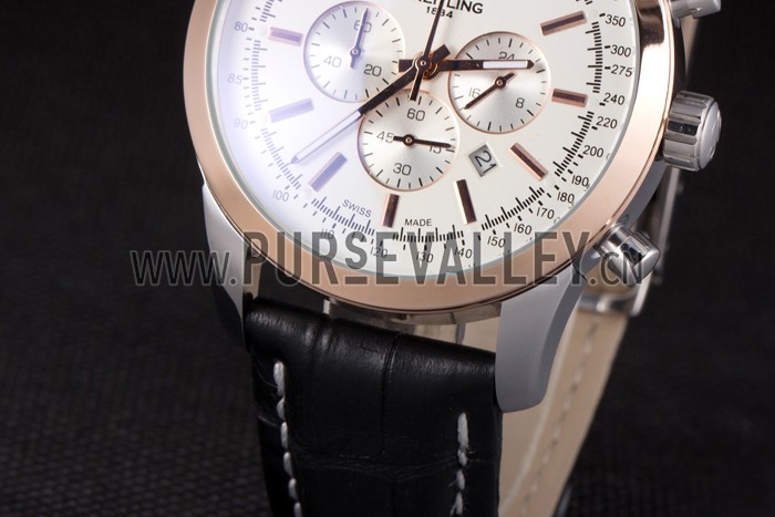 Breitling Transocean White Dial Black Leather Strap Rose Gold Bezel 98205