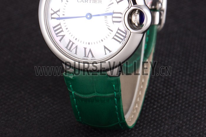 Cartier Ballon Bleu Silver Bezel with Pearl Dial Green Leather Band 621552