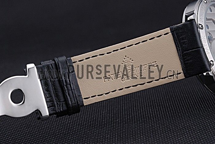 Patek Philippe Geneve Two Dial Black Dial Stainless Steel Bezel Black Leather Band 622145