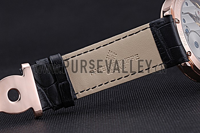 Patek Philippe Geneve Two Dial Black Dial Rose Gold Bezel Black Leather Band 622146