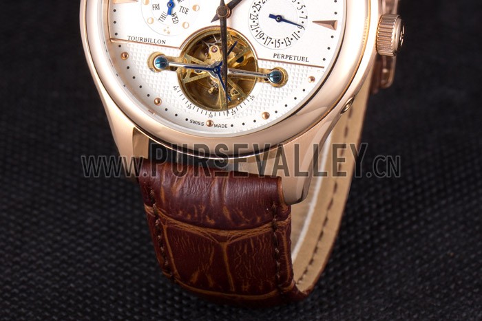 Jaeger Lecoultre Tourbillon Perpetuel Gold Bezel Brown Leather Band 621618