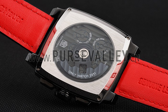 Tag Heuer Monaco Black-Red Perforated Leather Strap White Dial 80307