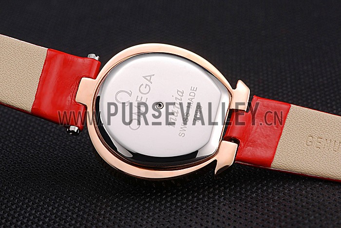 Omega Ladies Watch Pink Dial Gold Case With Diamonds Red Leather Strap 622831