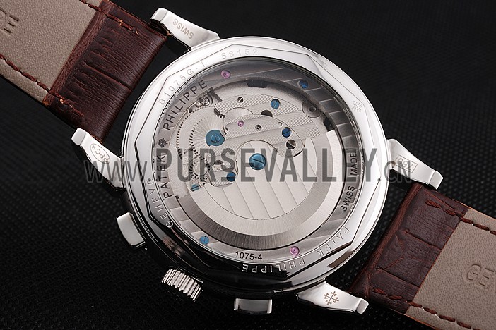 Patek Philippe Classic Tourbillon Power Reserve Black And White Dial Stainless Steel Case Brown Leather Strap