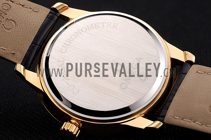 Omega De Ville Prestige White Dial Gold Case Black Leather Strap