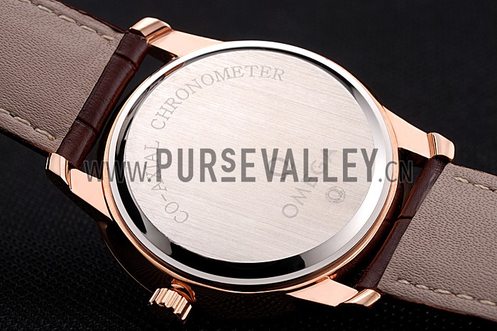 Omega De Ville Prestige White Dial Rose Gold Case Brown Leather Strap
